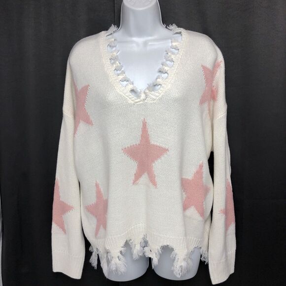 Sweet & Sinful Womens Large Cream Frayed Design Pink Stars Sweater L - Picture 1 of 16
